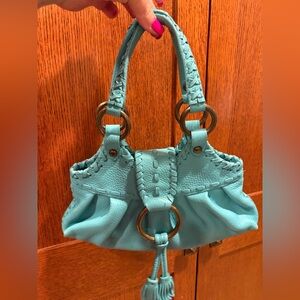 ISABELLA FIORE Leather Handbag Turquoise Whipstitch Braid Antique Brass New